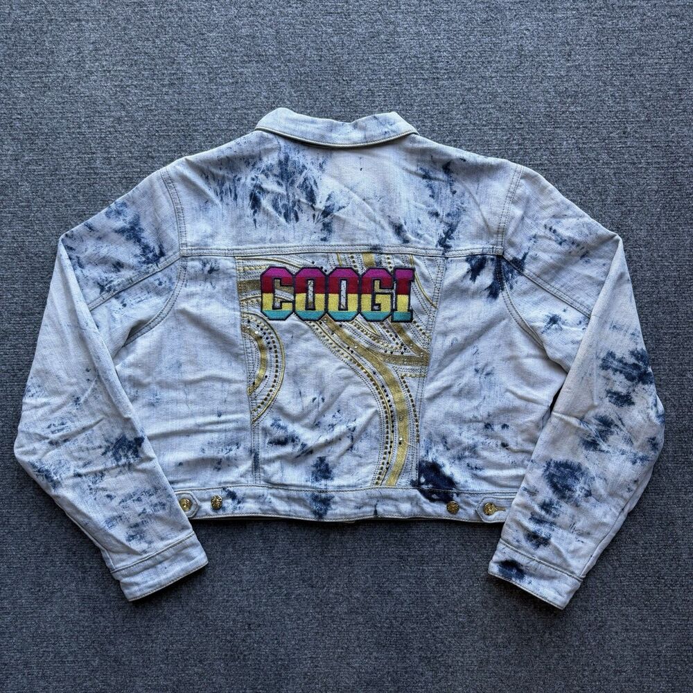COOGI Womens 2X Cropped Denim Jacket Y2K Style Acid Wash Embroidered
